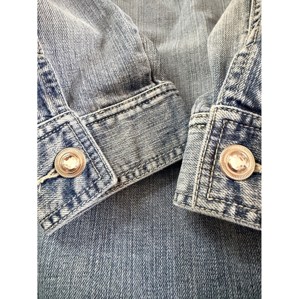 Chico's Platinum Ruffle Denim Jacket Rhinestone Light Wash Size 2 Large - Picture 15 of 16